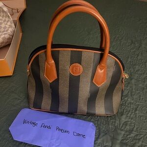 Fendi Black & Brown Striped Pequin Dome Satchel with Tan Leather Trim